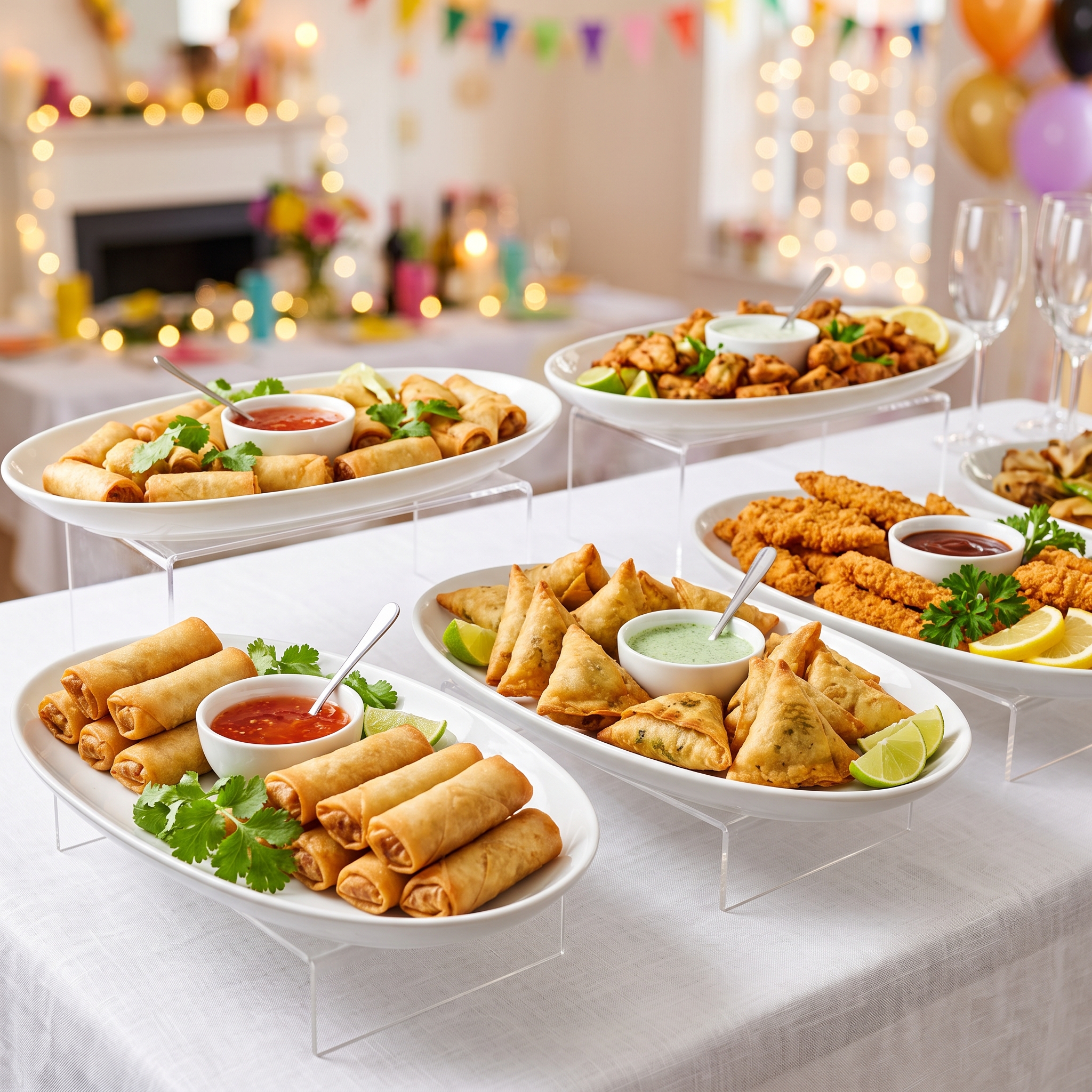 Party finger food spread on white platters