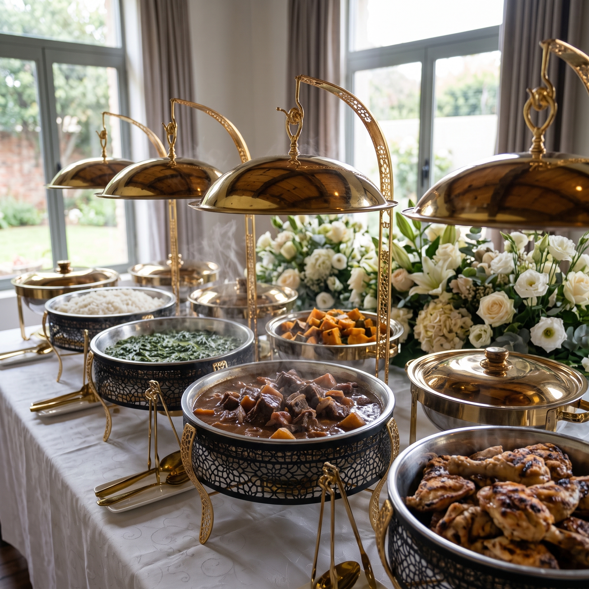 Funeral reception buffet with chafing dishes